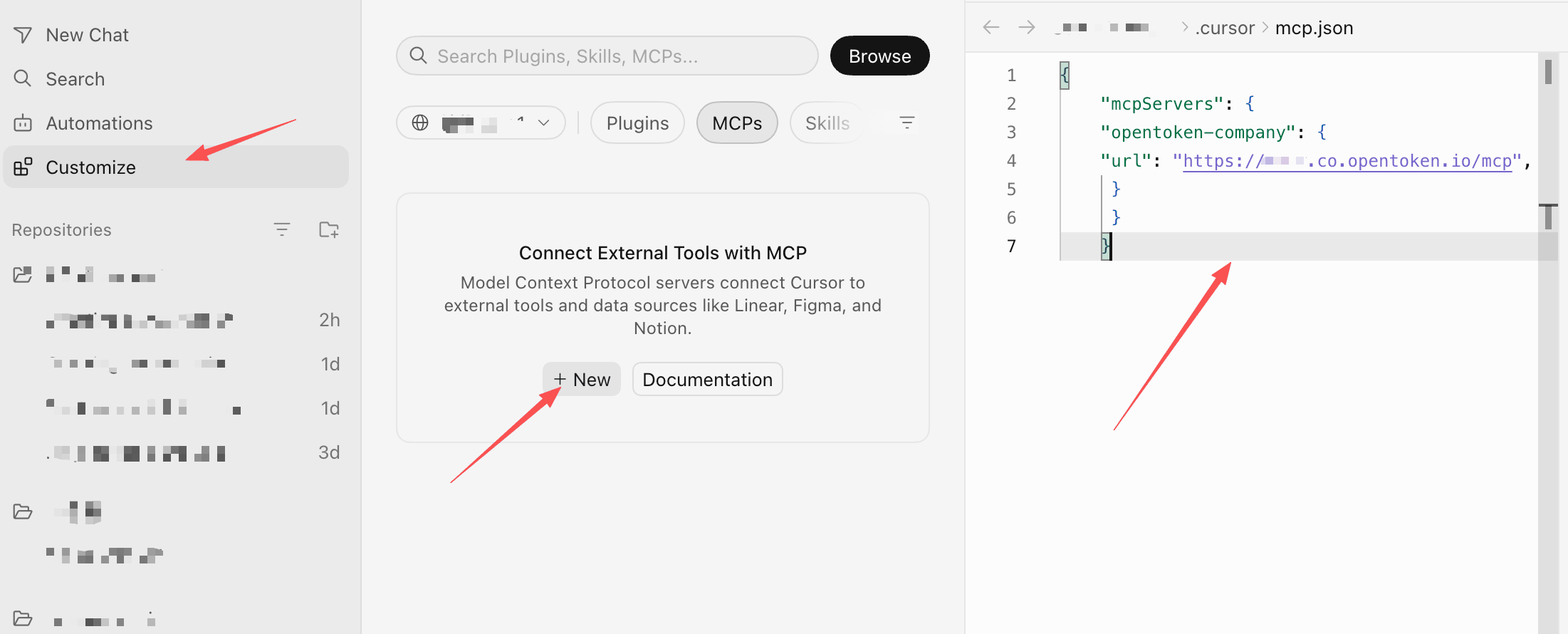 在 Cursor 的 mcp.json 中填写 OpenToken 企业 MCP 地址
