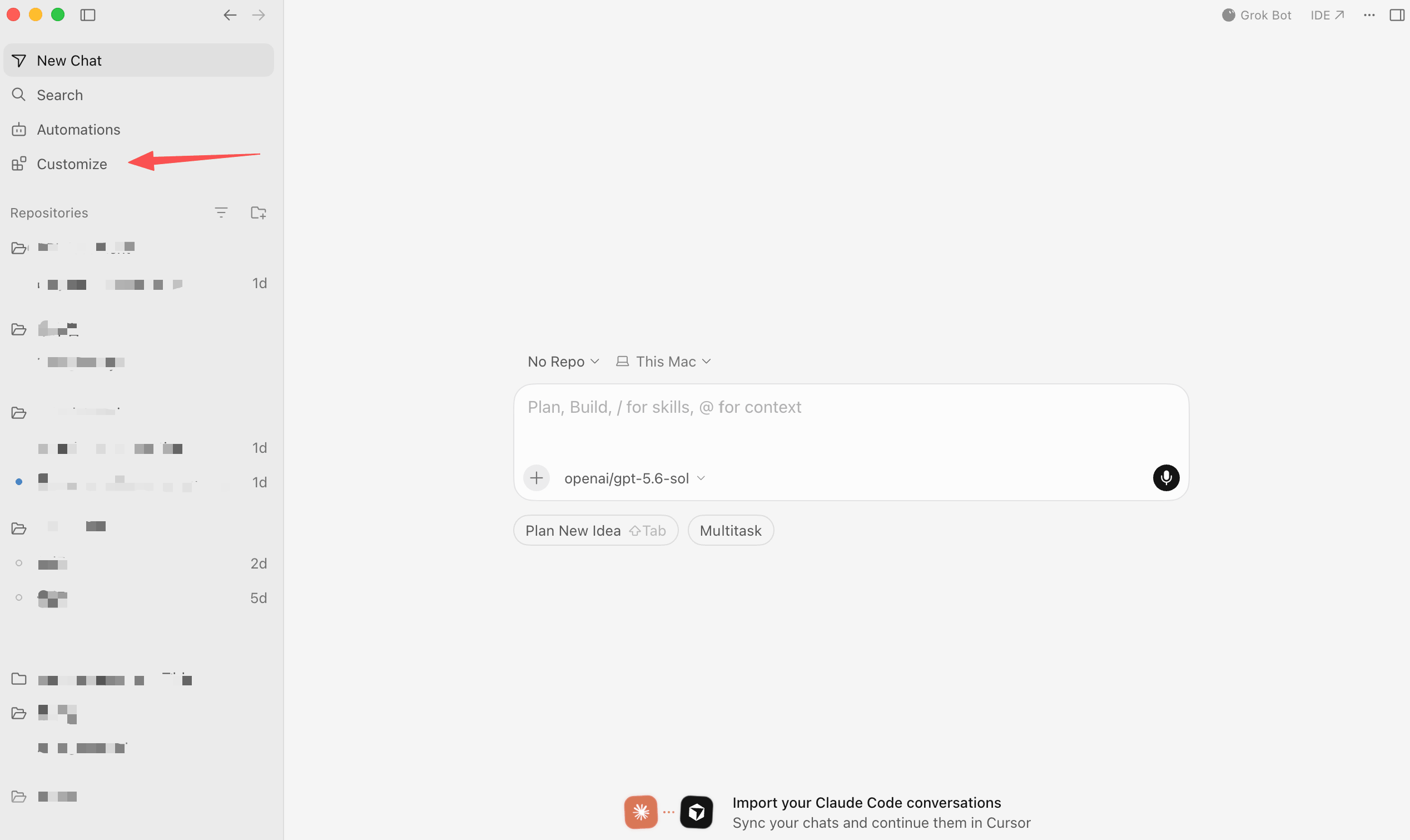 在 Cursor 中进入 Customize 的 MCPs 页面并新建配置